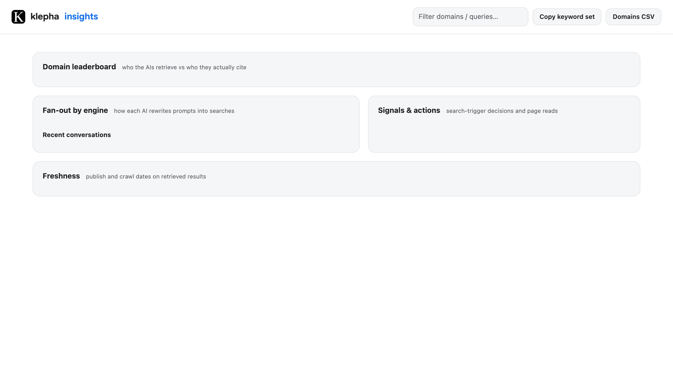 Klepha Lens insight panel checking a live page for AI retrievability — flagging content that only renders after JavaScript, missing structured data, and the answer an assistant would extract.